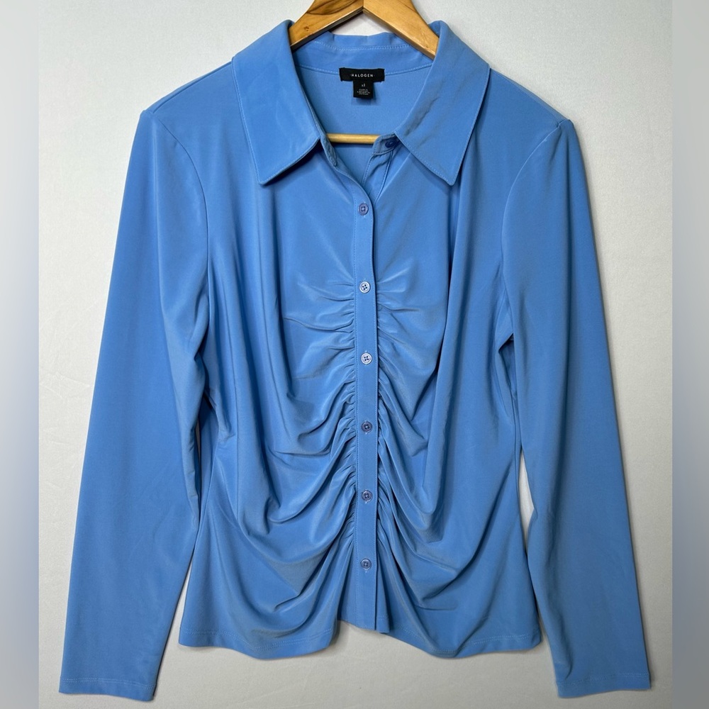 Halogen Ruched Blue Button Down Shirt